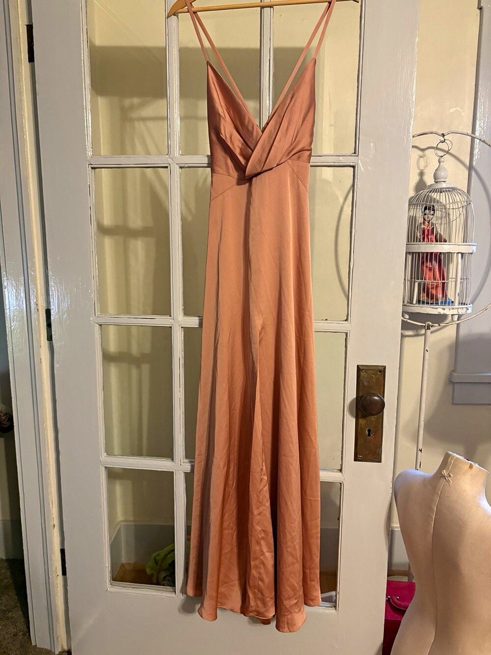Fame & Partners Satin Maxi Dress US 4 Dusty Rose Plunge Strappy Gown $239